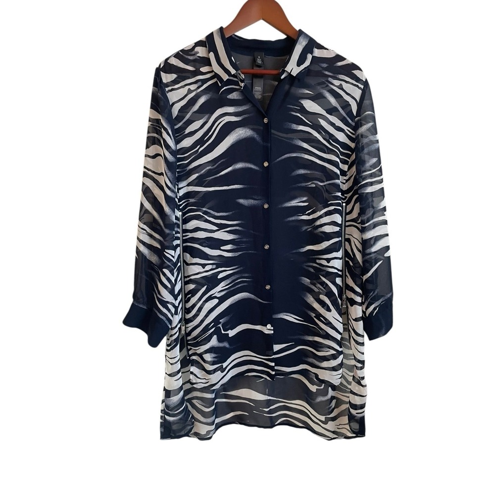 Chicos 3 Women Animal Print Sheer Tunic XL Black Side Zip High Low Chiffon Top